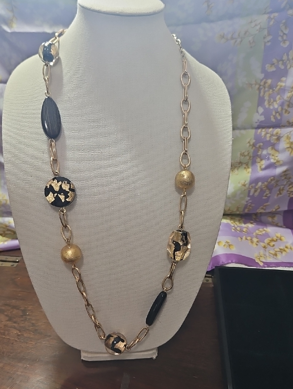 Chico's Large Gold and Black Mixed-Media Long Statement Necklace